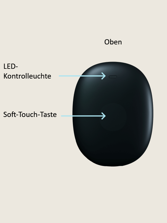 Schwarzes CGM Gerät mit Soft-Touch-Knopf und LED-Anzeige mit der Überschrift „Oben“ auf einem einfachen, hellen Hintergrund.