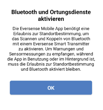 Popup-Meldung mit der Aufforderung, Bluetooth und Standortdienste für die Kopplung mit der Eversense App zu aktivieren.