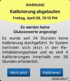 Die Warnmeldung lautet: „Kalibrierung abgelaufen“.
