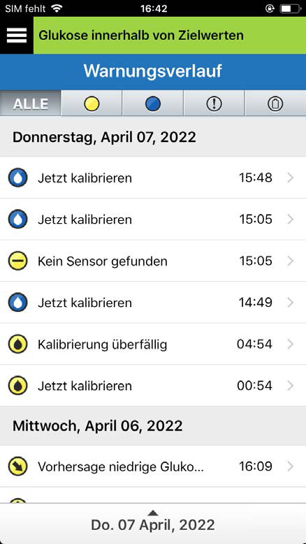Ereignisprotokoll mit Anzeige von Glukosewerten, Gesundheitszustand, Mahlzeiten und Sport. 