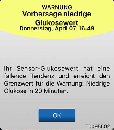 Warnmeldung sagt einen niedrigen Glukosespiegel innerhalb von 20 Minuten voraus. Der Text lautet: „Vorhersage niedriger Glukosewert“.