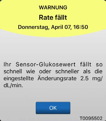 Die Warnmeldung auf einem Gerät zeigt „Rate fällt “ an, was auf eine Abnahme des Glukosespiegels hinweist.